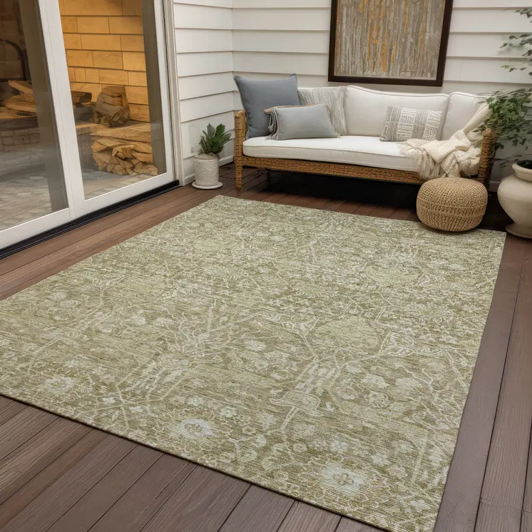 10' X 14' Taupe And Beige Floral Washable Indoor Outdoor Area Rug