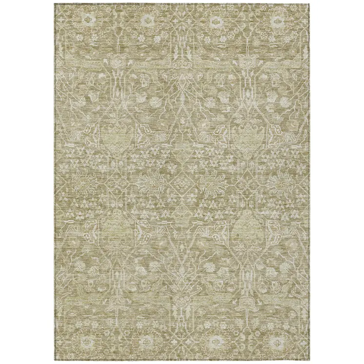 10' X 14' Taupe And Beige Floral Washable Indoor Outdoor Area Rug