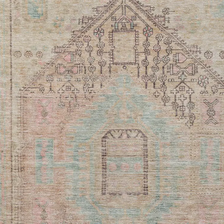 5' X 8' Pink And Sky Blue Oriental Washable Indoor Outdoor Area Rug
