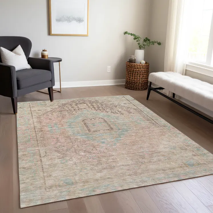 5' X 8' Pink And Sky Blue Oriental Washable Indoor Outdoor Area Rug
