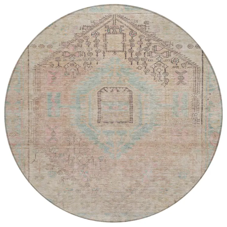 8' Pink And Sky Blue Round Oriental Washable Indoor Outdoor Area Rug