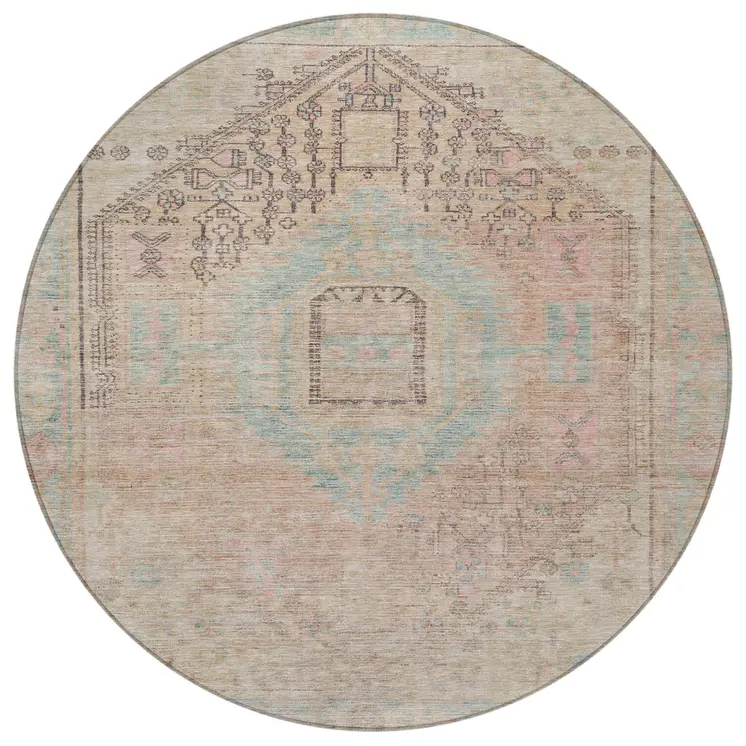 8' Pink And Sky Blue Round Oriental Washable Indoor Outdoor Area Rug