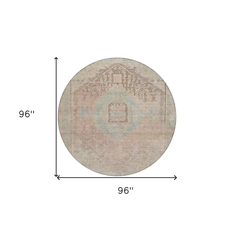 8' Pink And Sky Blue Round Oriental Washable Indoor Outdoor Area Rug