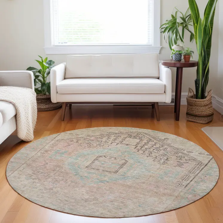 8' Pink And Sky Blue Round Oriental Washable Indoor Outdoor Area Rug