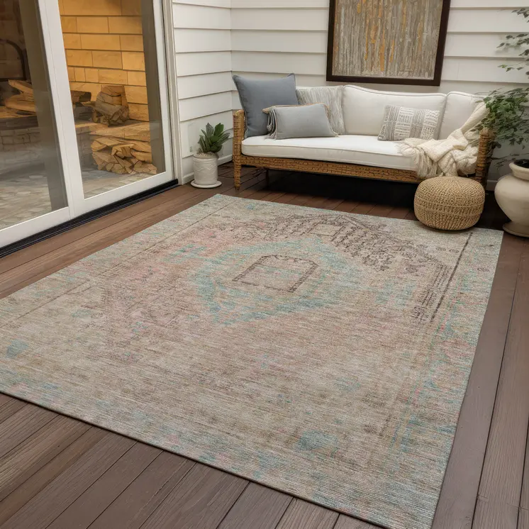 9' X 12' Pink And Sky Blue Oriental Washable Indoor Outdoor Area Rug