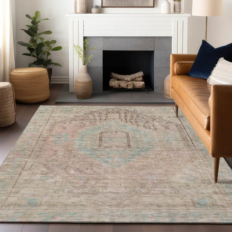 9' X 12' Pink And Sky Blue Oriental Washable Indoor Outdoor Area Rug