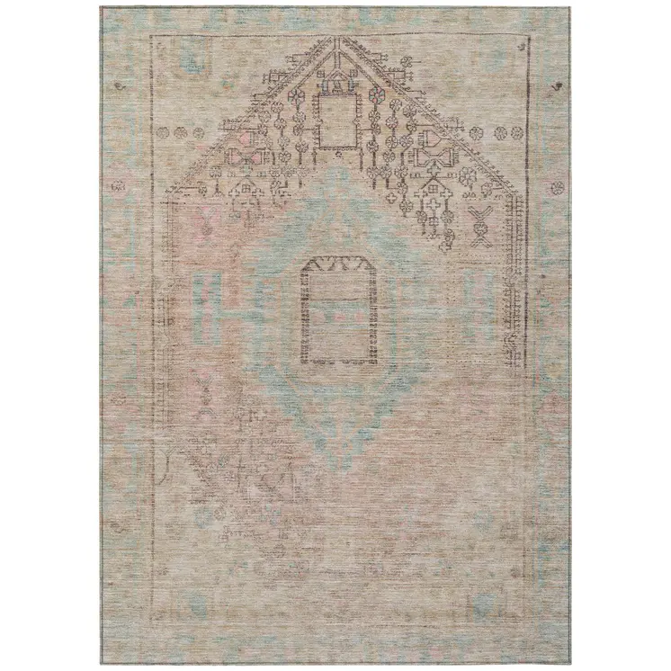 10' X 14' Pink And Sky Blue Oriental Washable Indoor Outdoor Area Rug