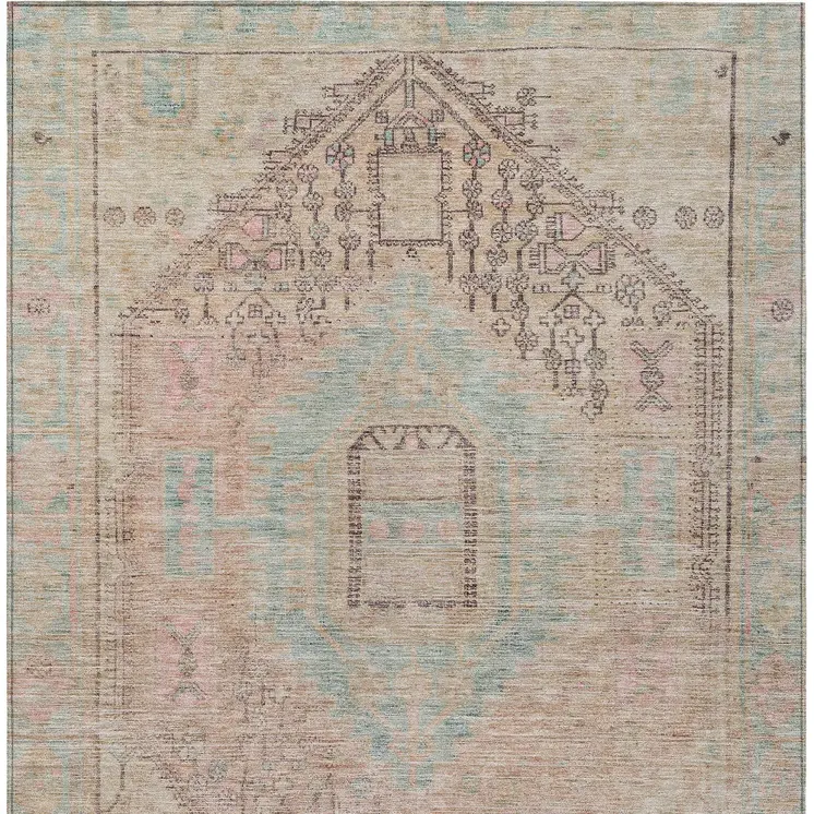 10' X 14' Pink And Sky Blue Oriental Washable Indoor Outdoor Area Rug