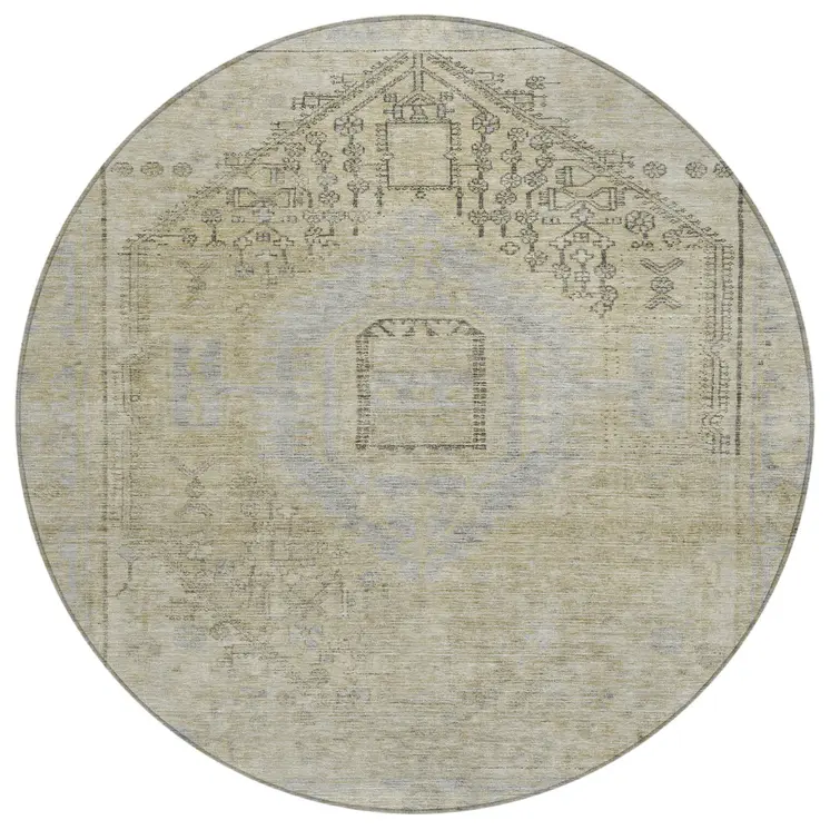 8' Taupe Light Blue And Gray Round Oriental Washable Indoor Outdoor Area Rug