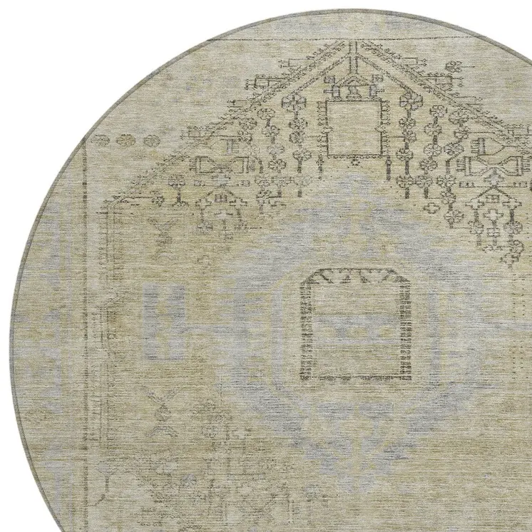 8' Taupe Light Blue And Gray Round Oriental Washable Indoor Outdoor Area Rug