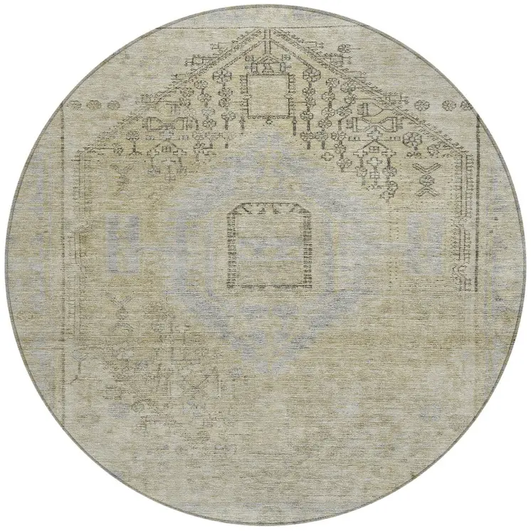 8' Taupe Light Blue And Gray Round Oriental Washable Indoor Outdoor Area Rug