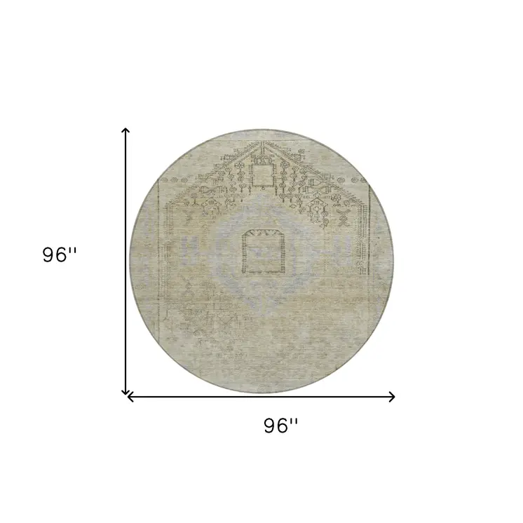 8' Taupe Light Blue And Gray Round Oriental Washable Indoor Outdoor Area Rug