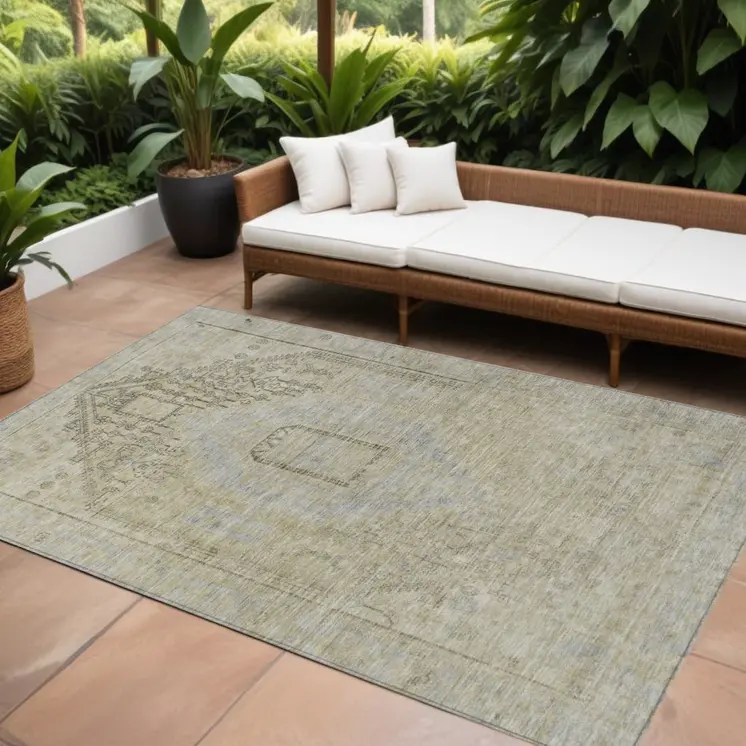 10' X 14' Taupe Light Blue And Gray Oriental Washable Indoor Outdoor Area Rug