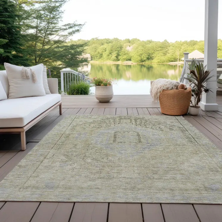 10' X 14' Taupe Light Blue And Gray Oriental Washable Indoor Outdoor Area Rug