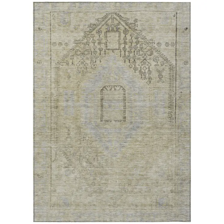 10' X 14' Taupe Light Blue And Gray Oriental Washable Indoor Outdoor Area Rug