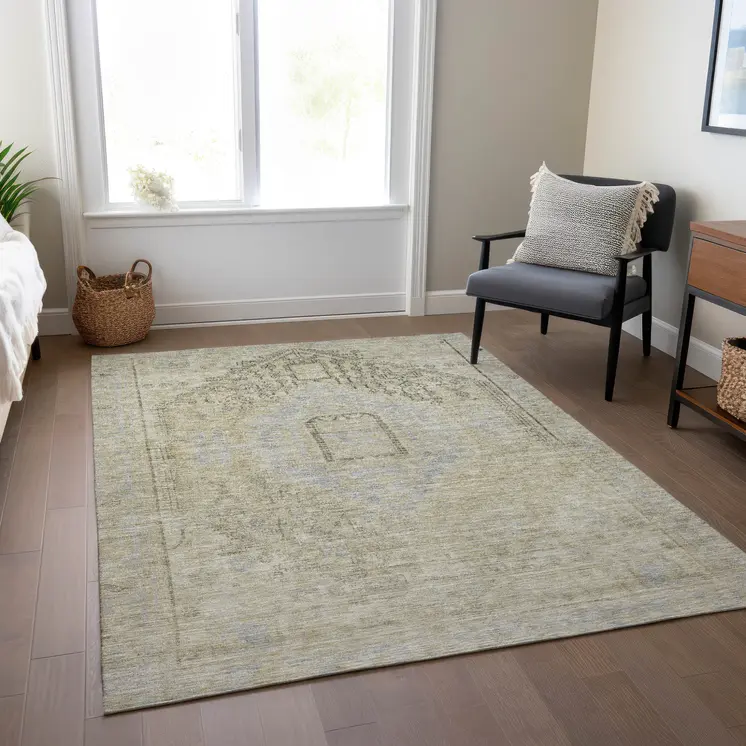 10' X 14' Taupe Light Blue And Gray Oriental Washable Indoor Outdoor Area Rug