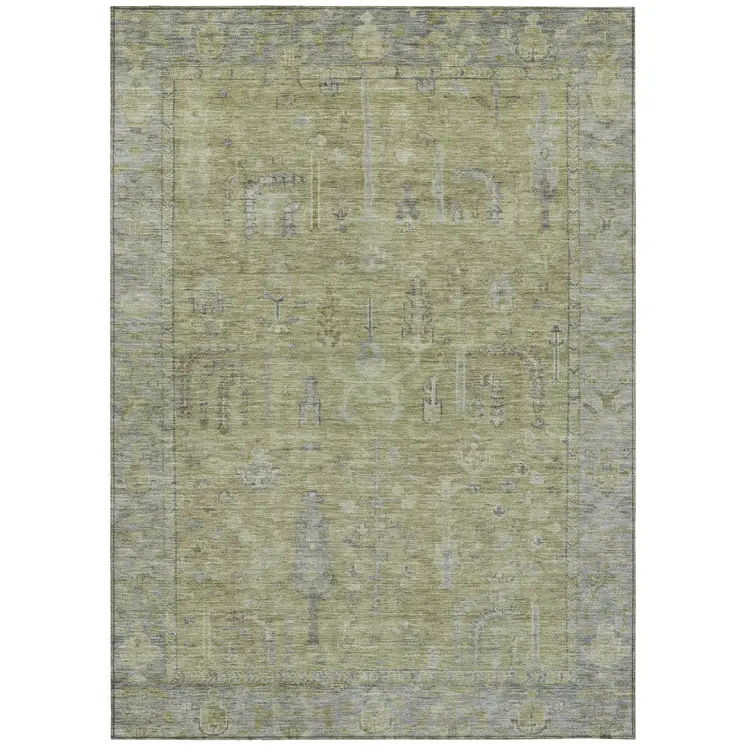 3' X 5' Artichoke Green And Gray Oriental Washable Indoor Outdoor Area Rug