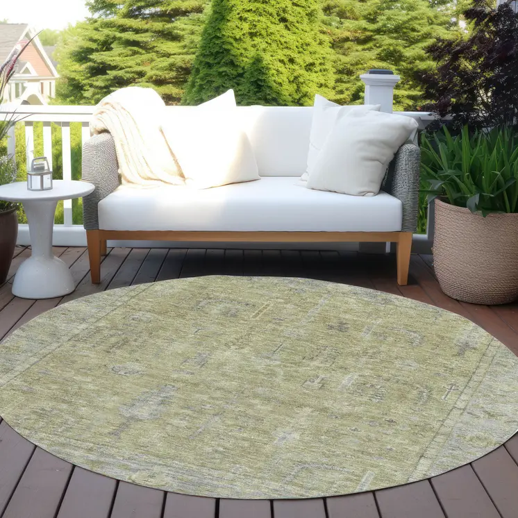 8' Artichoke Green And Gray Round Oriental Washable Indoor Outdoor Area Rug