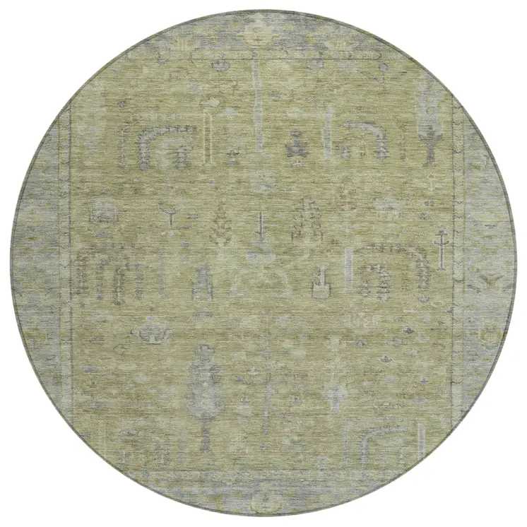 8' Artichoke Green And Gray Round Oriental Washable Indoor Outdoor Area Rug