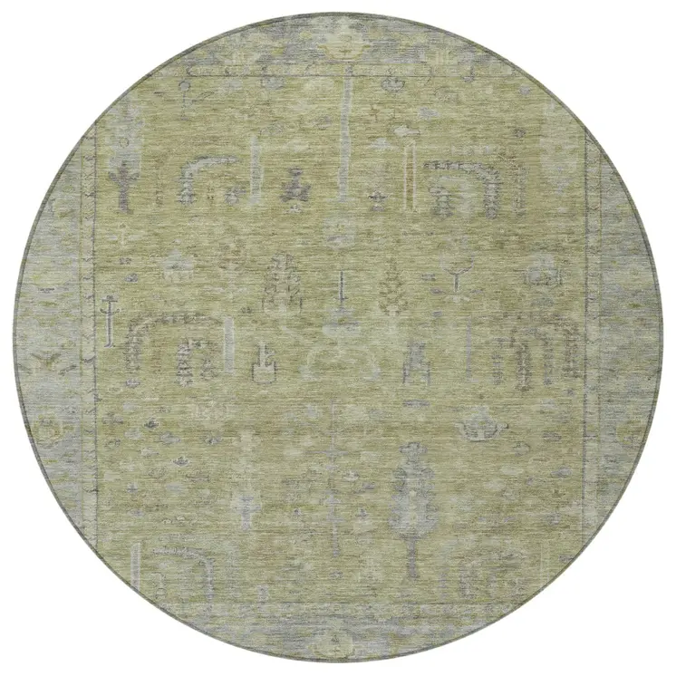 8' Artichoke Green And Gray Round Oriental Washable Indoor Outdoor Area Rug