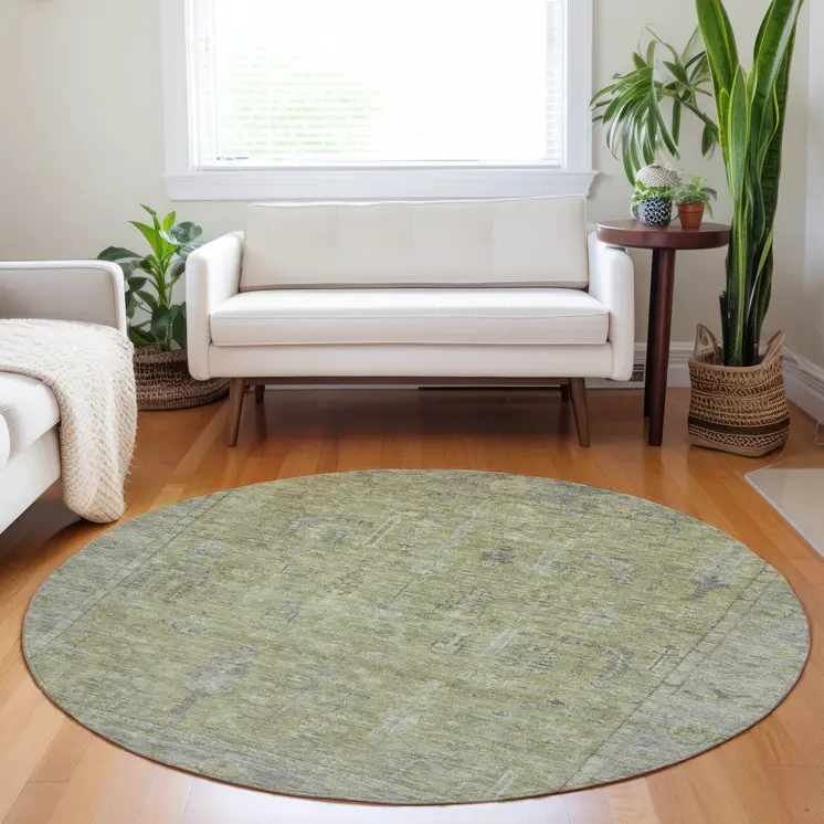 8' Artichoke Green And Gray Round Oriental Washable Indoor Outdoor Area Rug