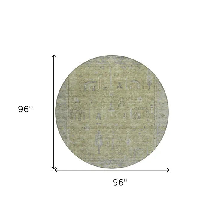 8' Artichoke Green And Gray Round Oriental Washable Indoor Outdoor Area Rug