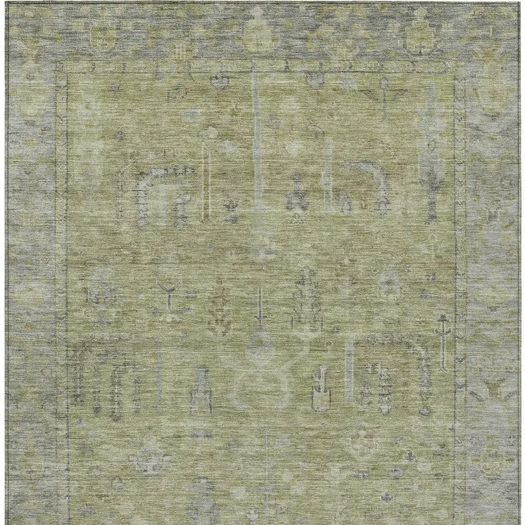9' X 12' Artichoke Green And Gray Oriental Washable Indoor Outdoor Area Rug