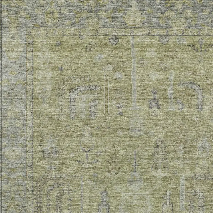 9' X 12' Artichoke Green And Gray Oriental Washable Indoor Outdoor Area Rug