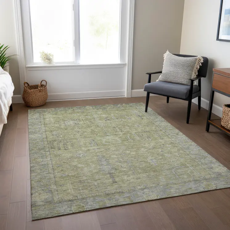 9' X 12' Artichoke Green And Gray Oriental Washable Indoor Outdoor Area Rug
