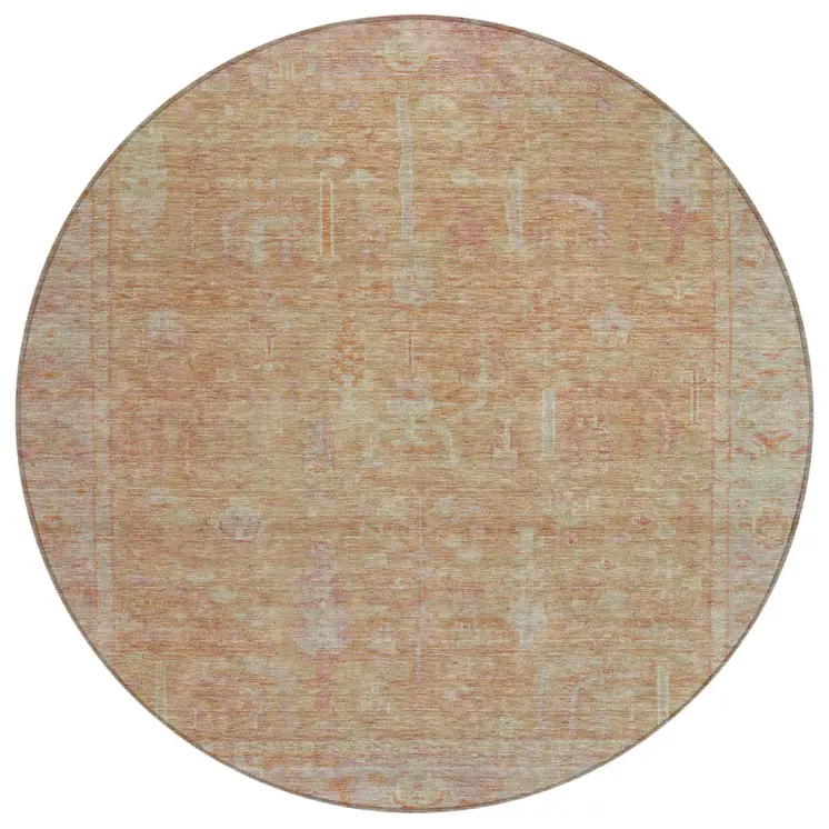 8' Coral And Beige Round Oriental Washable Indoor Outdoor Area Rug