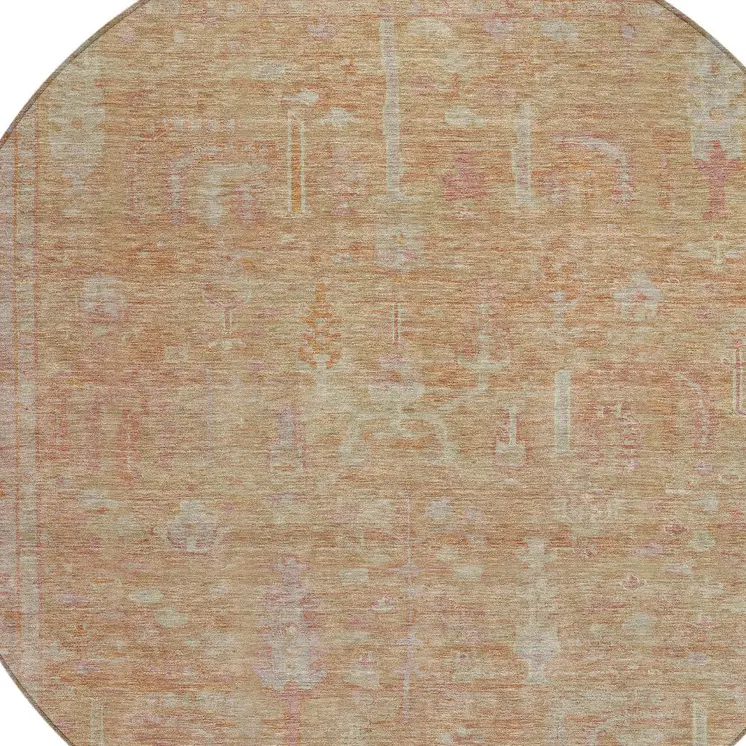 8' Coral And Beige Round Oriental Washable Indoor Outdoor Area Rug