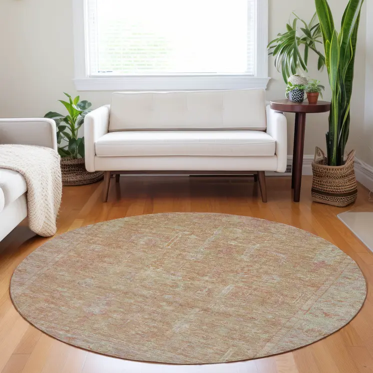 8' Coral And Beige Round Oriental Washable Indoor Outdoor Area Rug