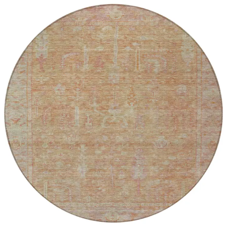 8' Coral And Beige Round Oriental Washable Indoor Outdoor Area Rug