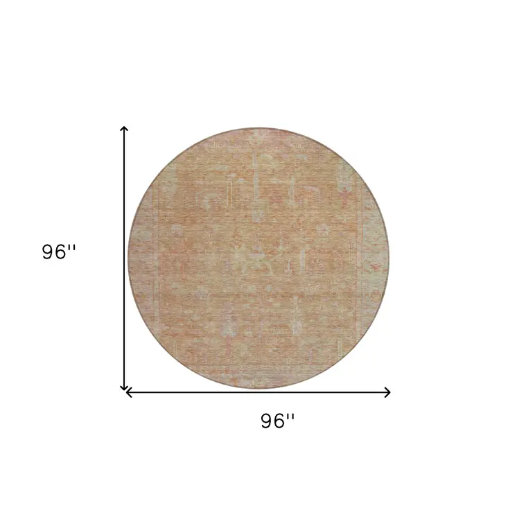 8' Coral And Beige Round Oriental Washable Indoor Outdoor Area Rug
