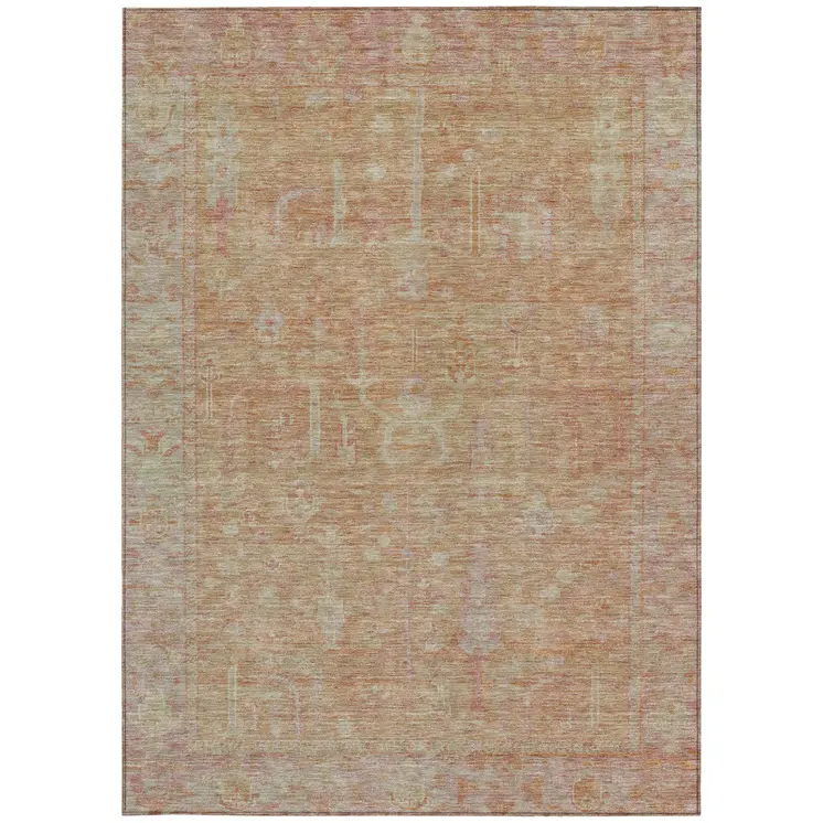 8' X 10' Coral And Beige Oriental Washable Indoor Outdoor Area Rug