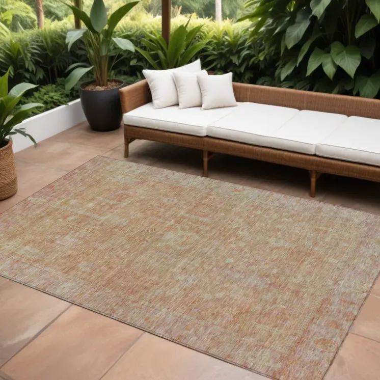 8' X 10' Coral And Beige Oriental Washable Indoor Outdoor Area Rug