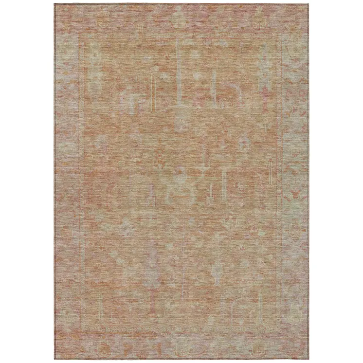 8' X 10' Coral And Beige Oriental Washable Indoor Outdoor Area Rug