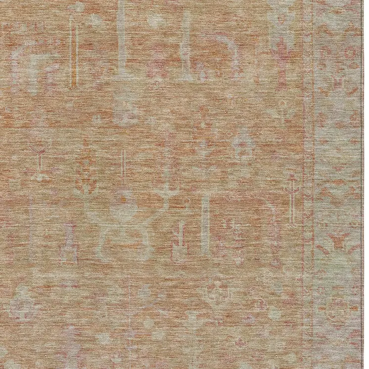 9' X 12' Coral And Beige Oriental Washable Indoor Outdoor Area Rug