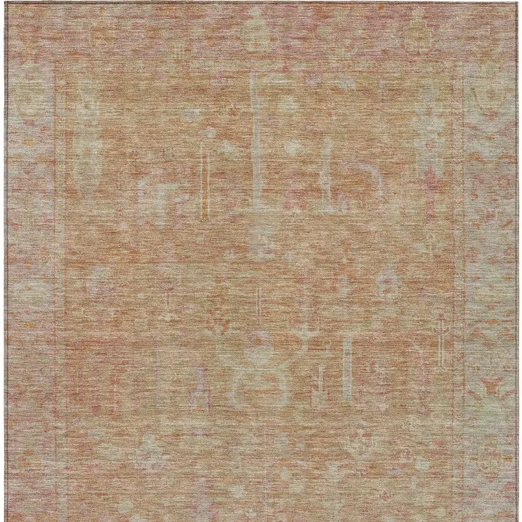 10' X 14' Coral And Beige Oriental Washable Indoor Outdoor Area Rug