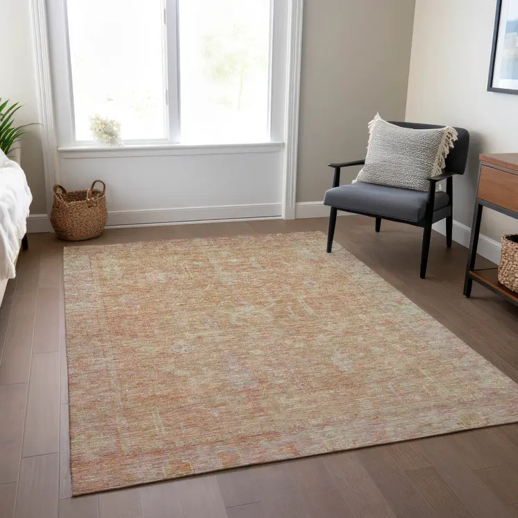 10' X 14' Coral And Beige Oriental Washable Indoor Outdoor Area Rug