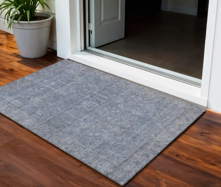 3' X 5' Denim Blue And Gray Oriental Washable Indoor Outdoor Area Rug
