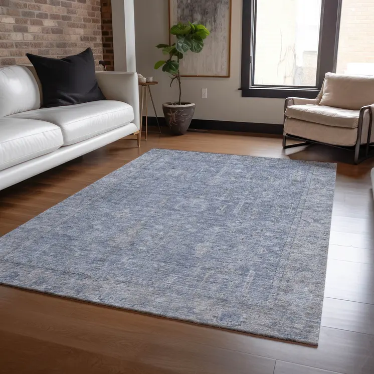 5' X 8' Denim Blue And Gray Oriental Washable Indoor Outdoor Area Rug