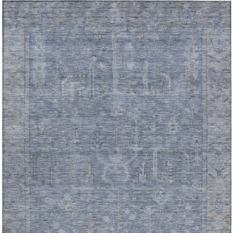 9' X 12' Denim Blue And Gray Oriental Washable Indoor Outdoor Area Rug
