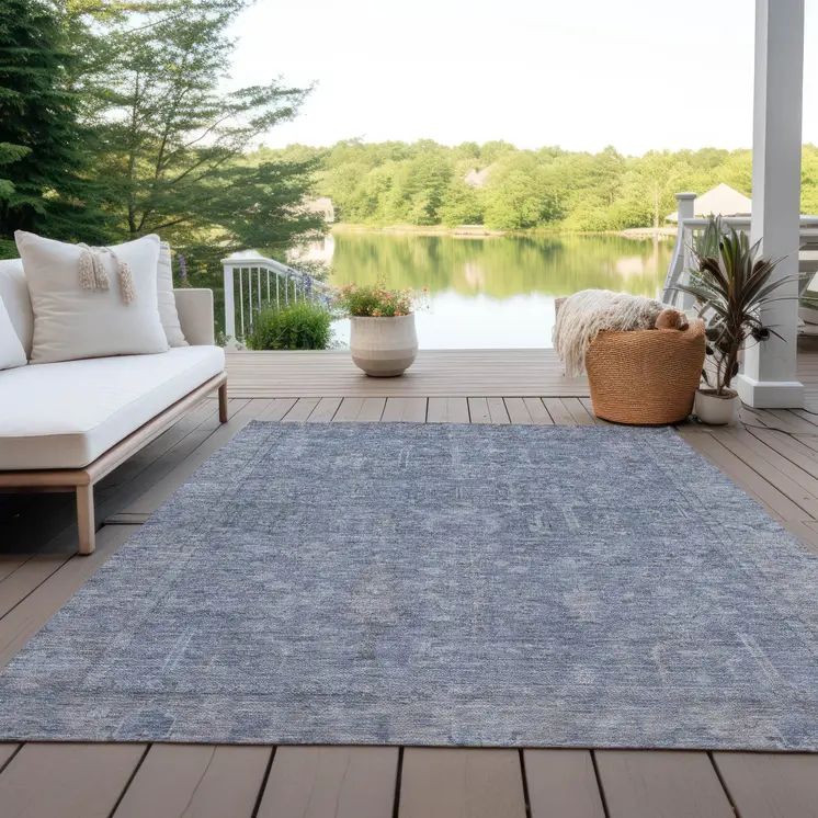 10' X 14' Denim Blue And Gray Oriental Washable Indoor Outdoor Area Rug