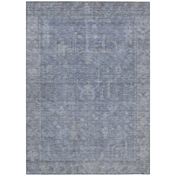 10' X 14' Denim Blue And Gray Oriental Washable Indoor Outdoor Area Rug