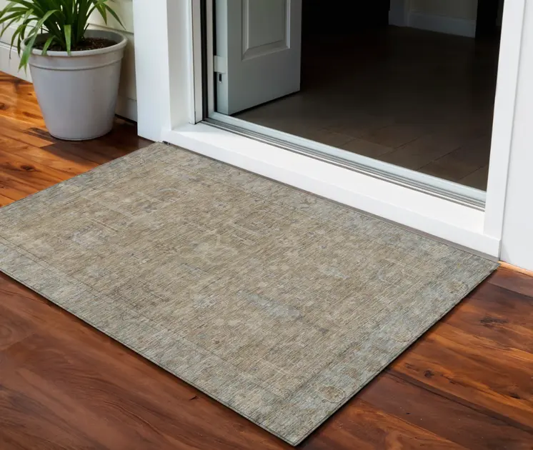 3' X 5' Tan Gray And Brown Oriental Washable Indoor Outdoor Area Rug