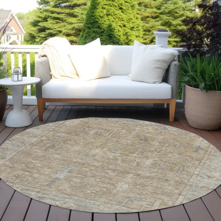 8' Tan Gray And Brown Round Oriental Washable Indoor Outdoor Area Rug