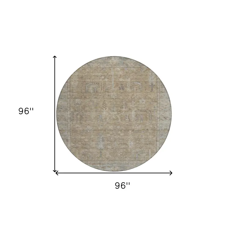 8' Tan Gray And Brown Round Oriental Washable Indoor Outdoor Area Rug