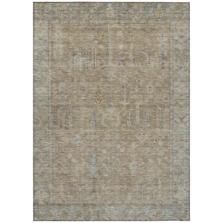 9' X 12' Tan Gray And Brown Oriental Washable Indoor Outdoor Area Rug