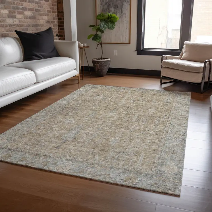 9' X 12' Tan Gray And Brown Oriental Washable Indoor Outdoor Area Rug